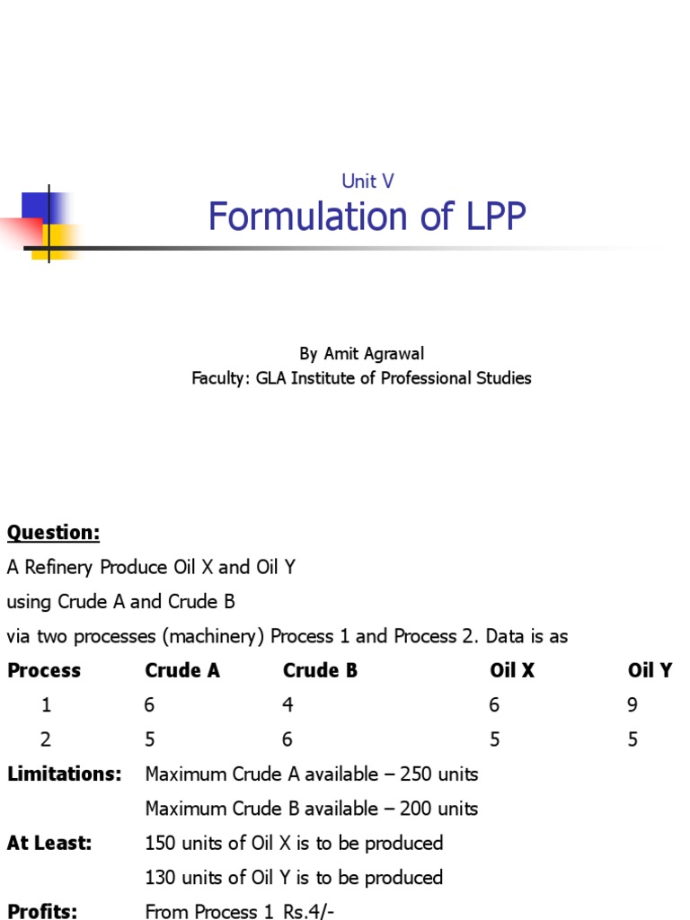 Formulation and Optimization of a Linear Programming Problem to ...