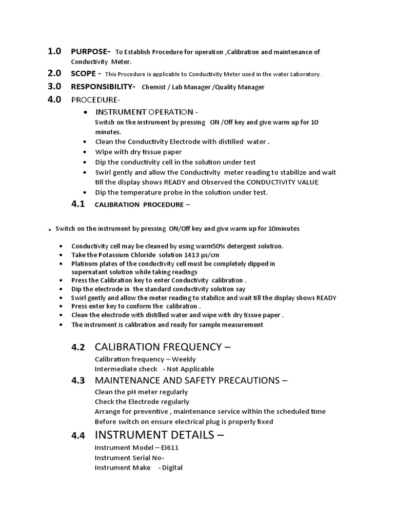 Conductivity Meter Calibration SOP | PDF