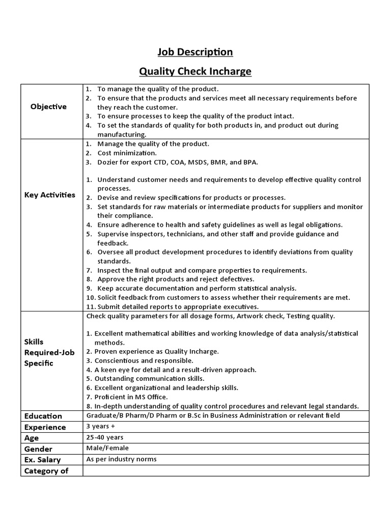 Quality Check Incharge | Download Free PDF | Data Analysis | Business