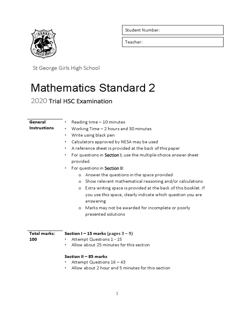 Mathematics Standard 2 Trial HSC Examination PDF Fuel Economy In Automobiles Interest