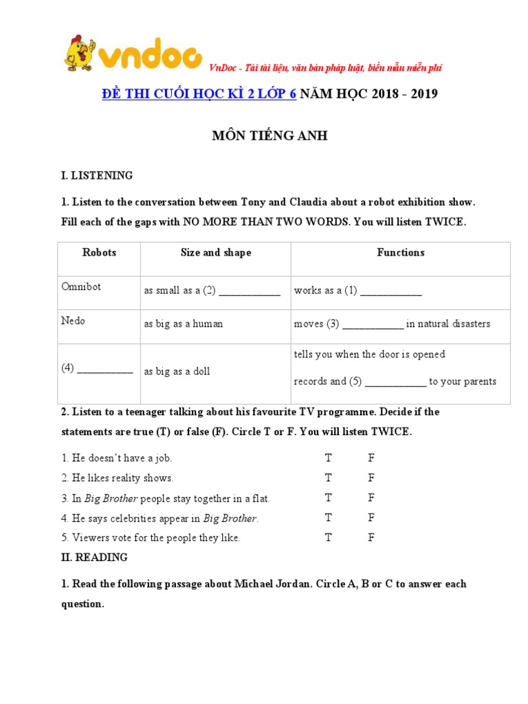 De Thi Hoc Ki 2 Lop 6 Mon Tieng Anh Co File Nghe Nam Hoc 2018 2019 So 3 ...