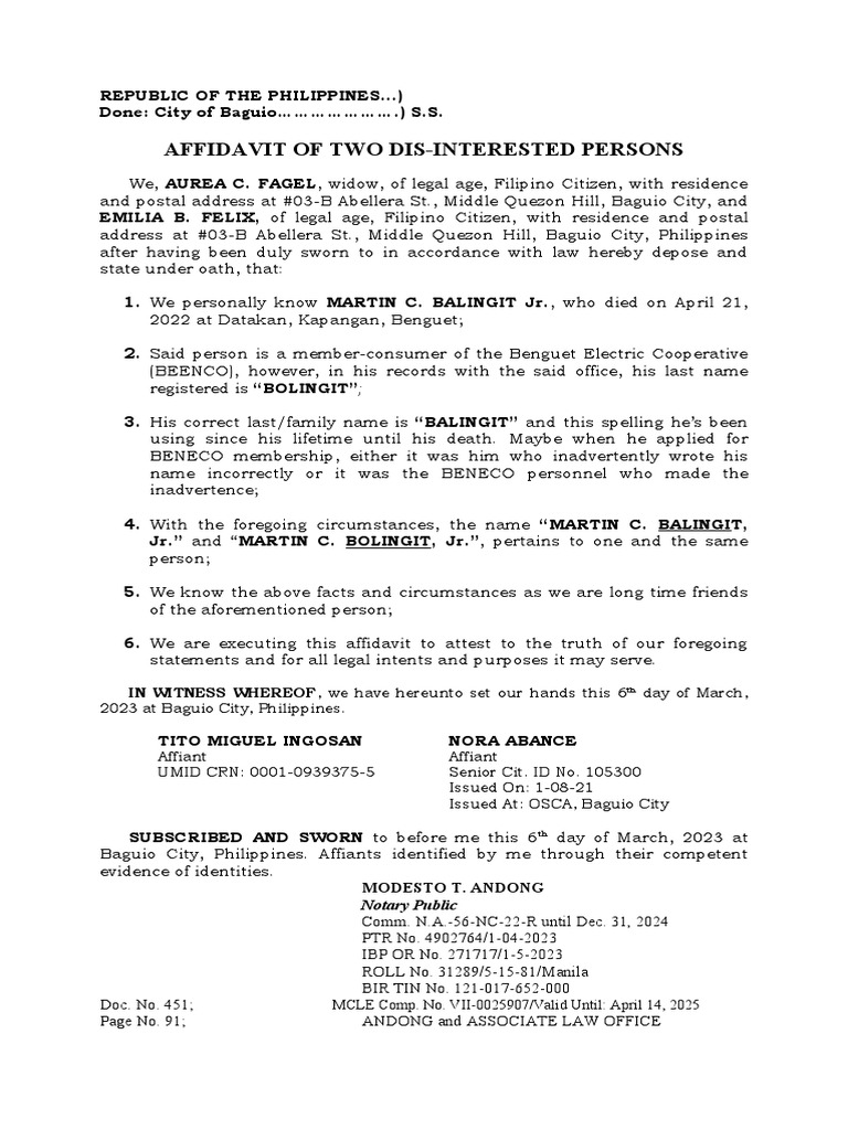 Affidavit of Name Correction for Balingit | PDF | Affidavit | Legal ...
