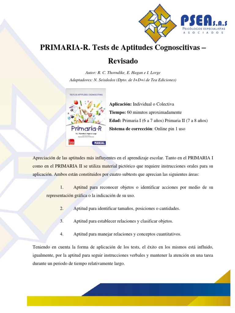 PRIMARIA-R. Tests de Aptitudes Cognoscitivas - Revisado | PDF ...