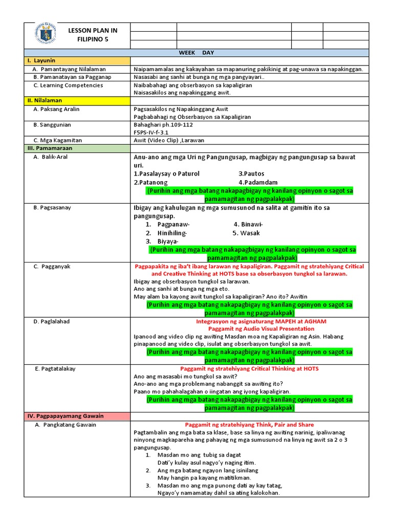 Lesson Plan In Filipino Pdf