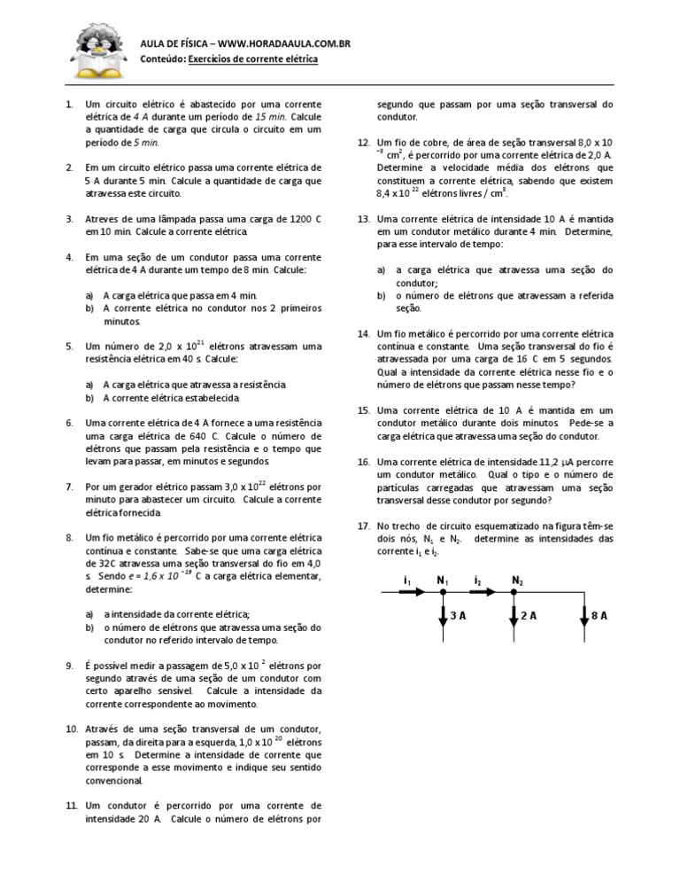 exercicios_de_corrente_eletrica Corrente Elétrica Condutor Elétrico