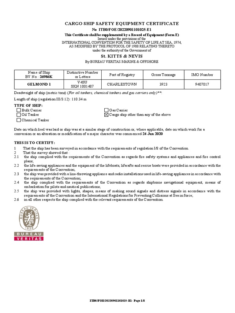 Cargo Ship Safety Equipment Certificate Summary PDF Ships Water