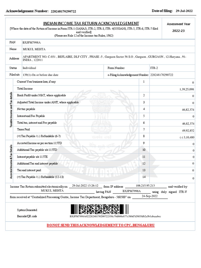 Indian Tax Return Acknowledgement Acknowledgement Number Date