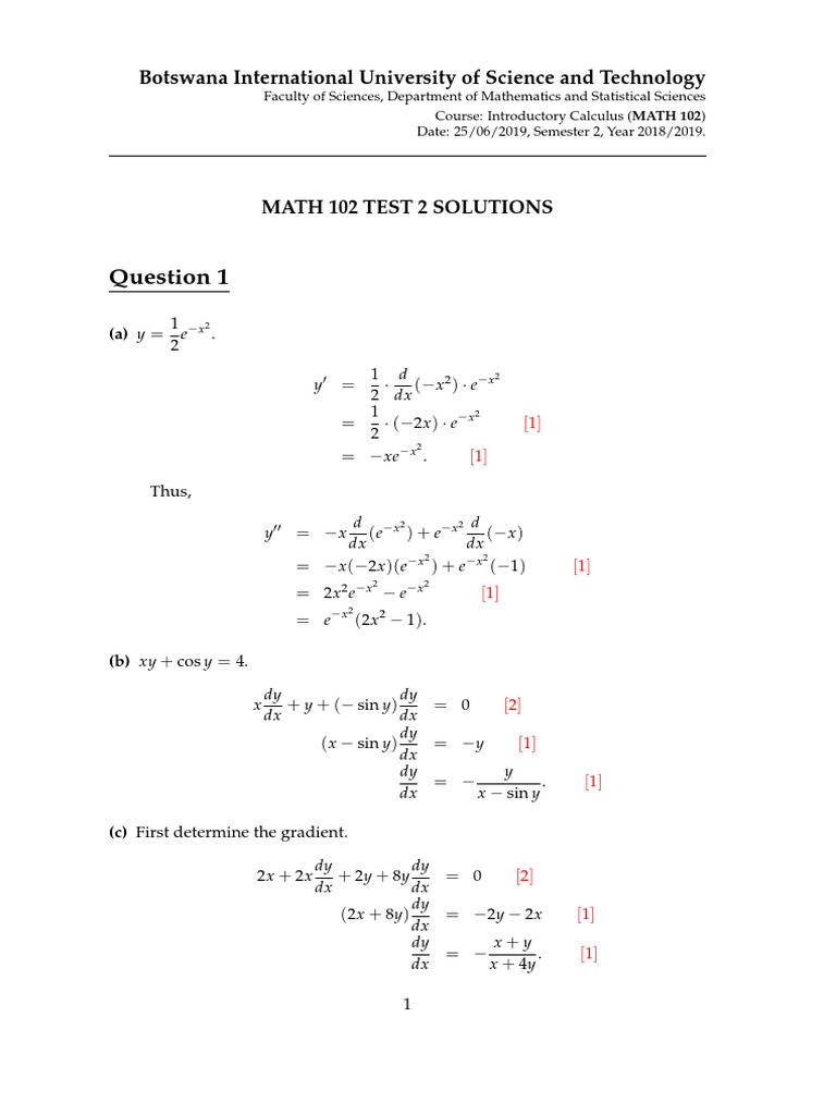 MATH 102 Test 2 Solutions Overview | PDF | Maxima And Minima ...