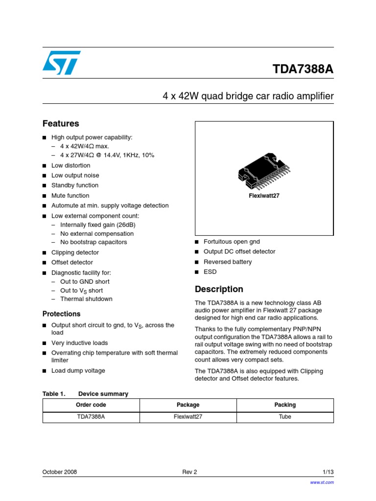 TDA7388A: 4 X 42W Quad Bridge Car Radio Amplifier | PDF | Amplifier ...
