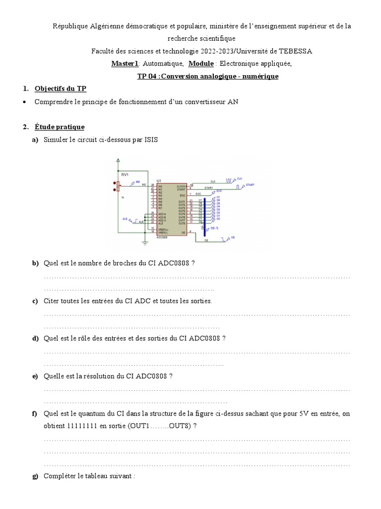 TP Conversion AN-N numérique en électronique | PDF | Ingénierie ...