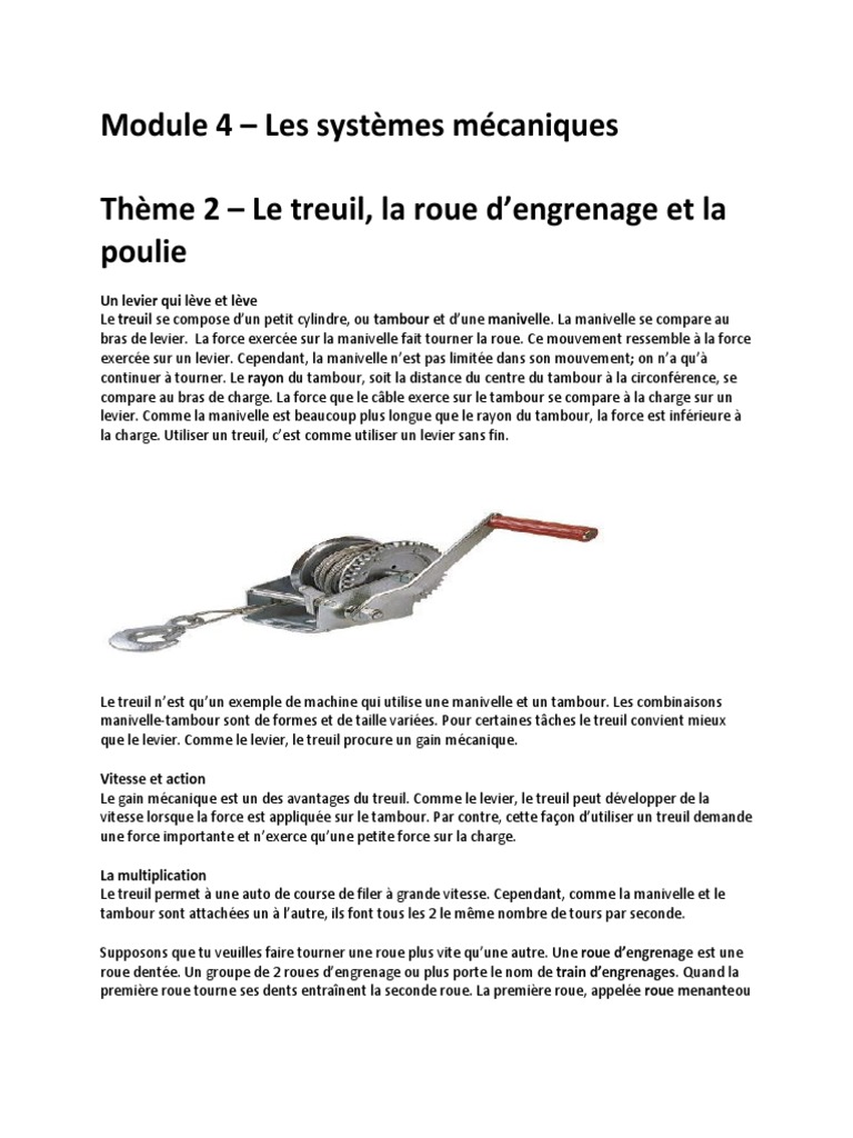 Module 4 - Les Systèmes Mécaniques Thème 2 - Le Treuil, La Roue D ...