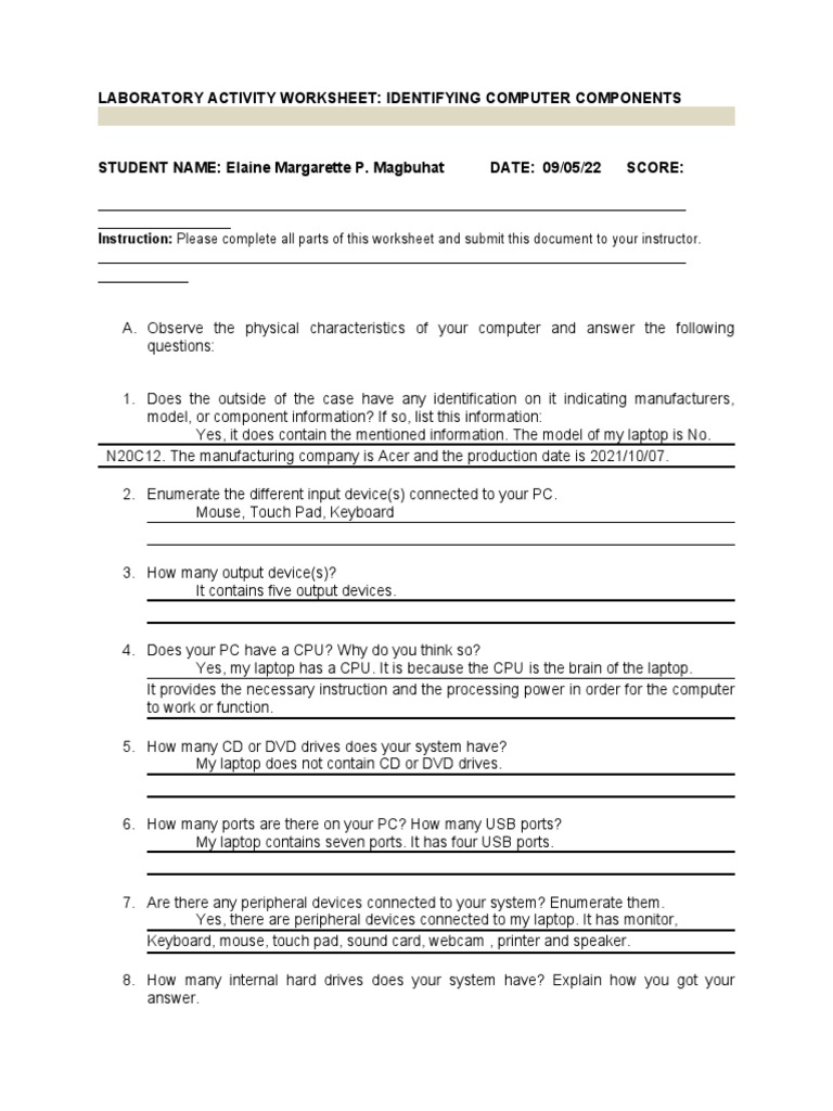 Act 1 Identifying Computer Components PDF Laptop Personal Computers