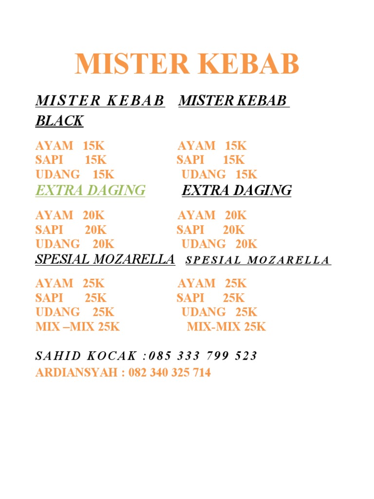 Menu Kebab Mister Kebab Terjangkau | PDF