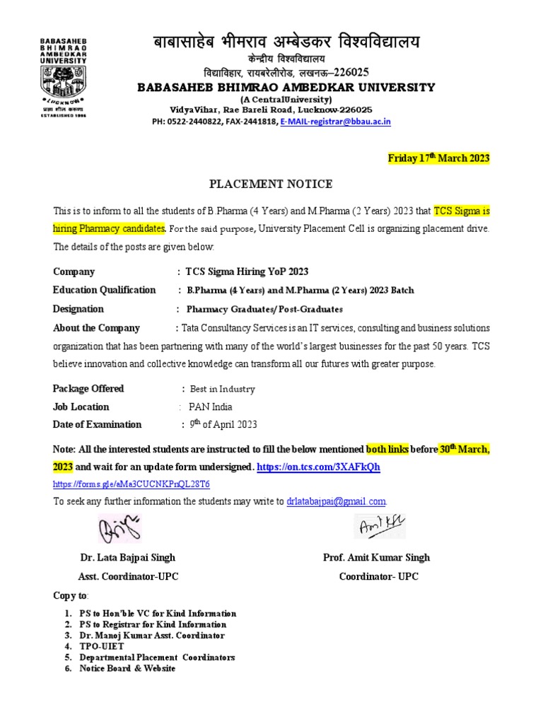 TCS Sigma Hiring Pharmacy Students 2023 PDF