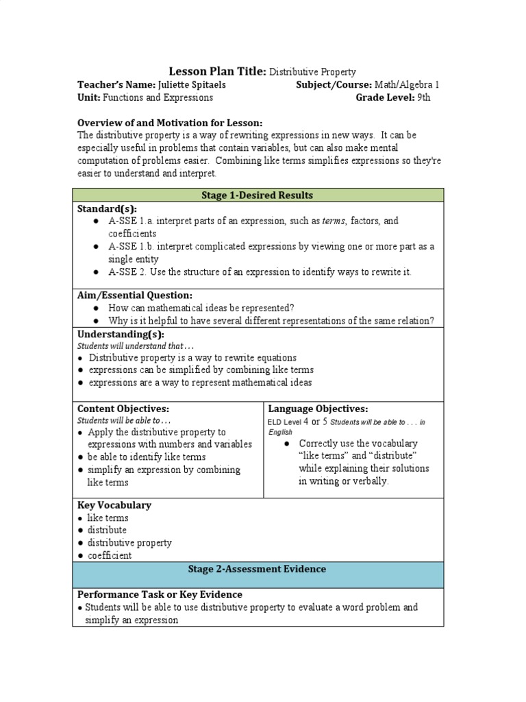 Distributive Property Lesson Plan | PDF | Mathematics | Equations