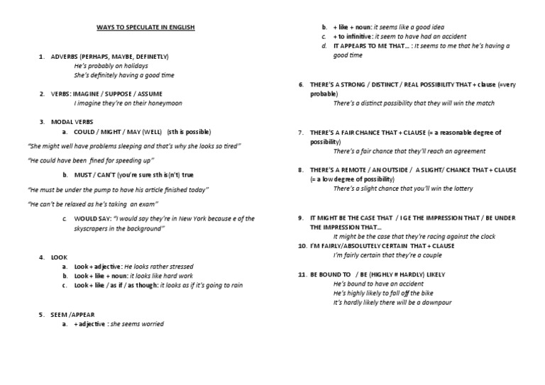 How To Speculate in English PDF Verb Adjective