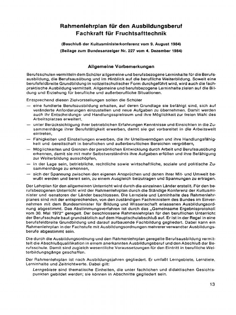 Lehrplan Schleswig-Holstein Berufsschule Fruchtsafttechniker | PDF