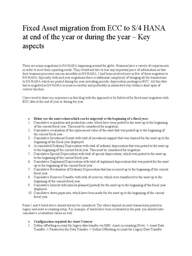 Fixed Asset Migration From Ecc To S4hana Pdf Depreciation Money
