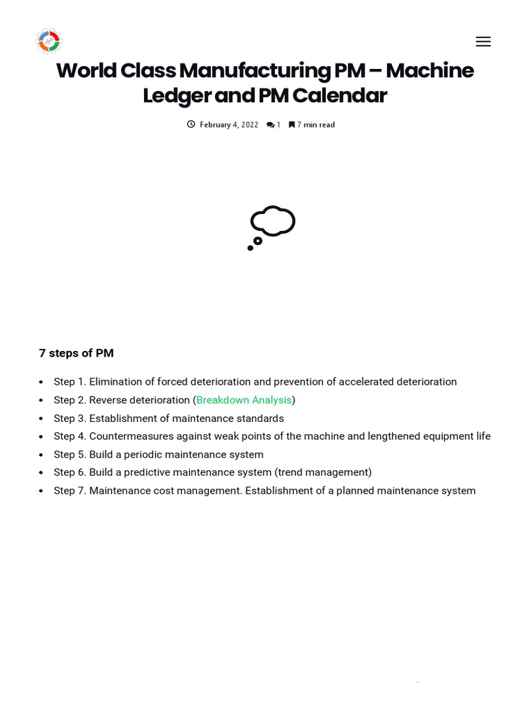 World Class Manufacturing PM - Machine Ledger and PM Calendar | PDF ...
