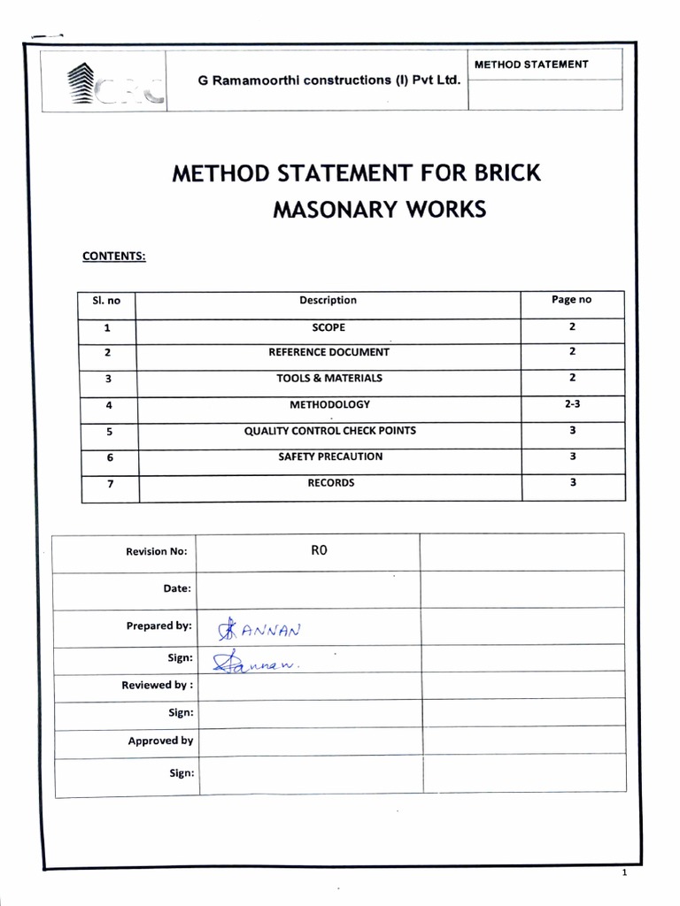 Method Statement for Brick Masonry | PDF | Brick | Masonry