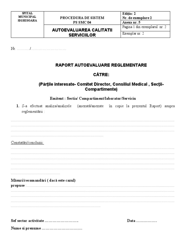 Anexa Nr. 5 - Raport Autoevaluare Reglementare | PDF