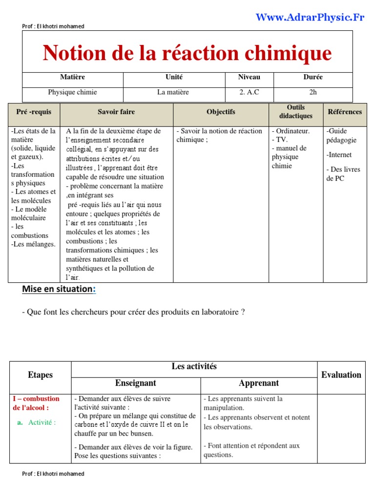 Notion de réaction chimique en 2AC | PDF | La combustion | Chimie