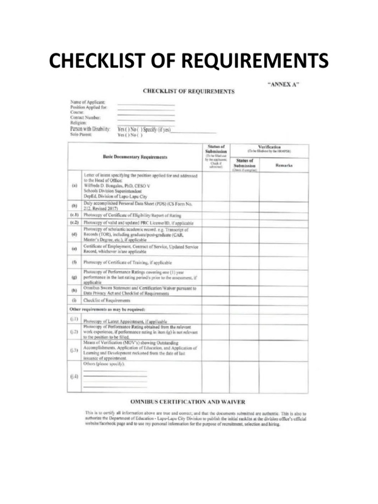 Checklist of Requirements For Teacher 1 | PDF