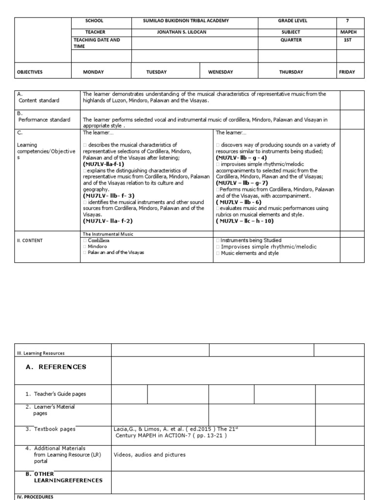 MAPEH Grade 7 Music Lesson Plan | PDF | Musical Instruments | Cognition