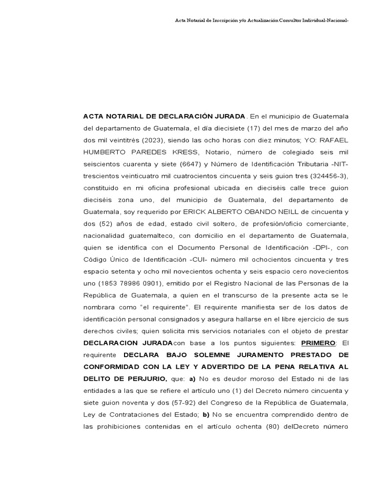 Acta Notarial de Declaración Jurada | PDF | Guatemala | Justicia