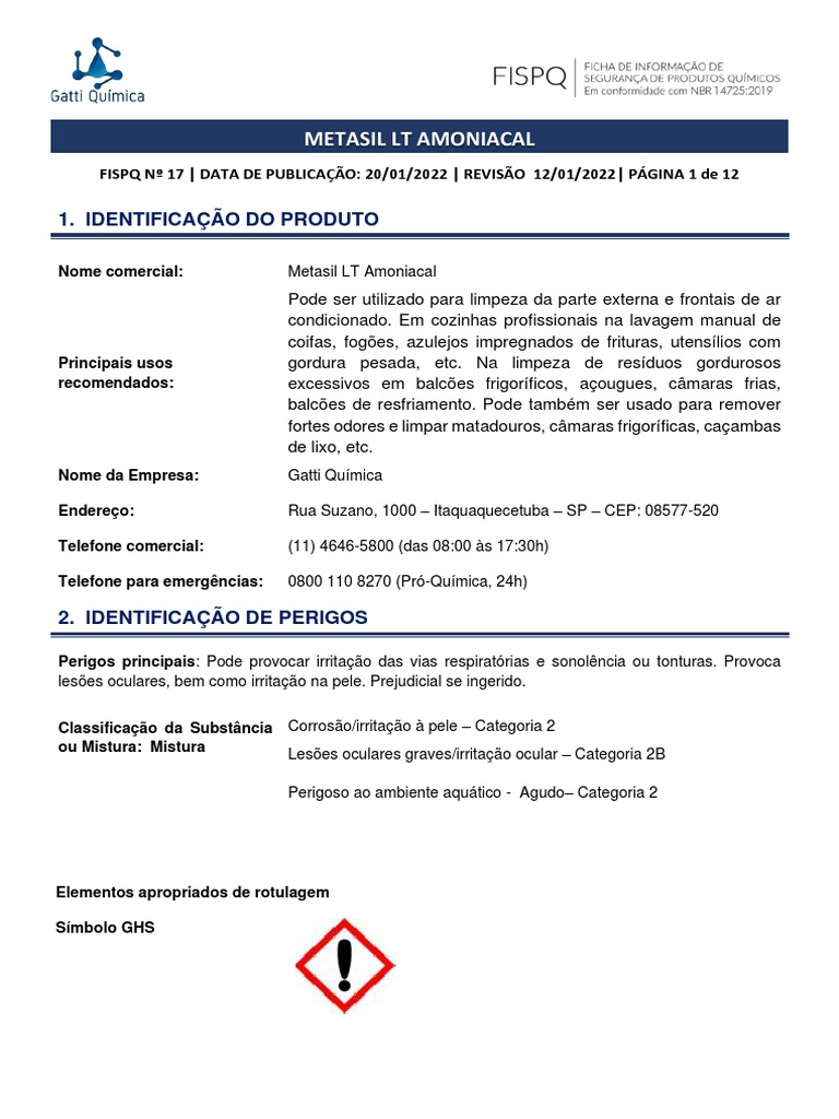 FISPQ #17 - Metasil LT - 12 01 22 | PDF | Embalagem e rotulagem ...