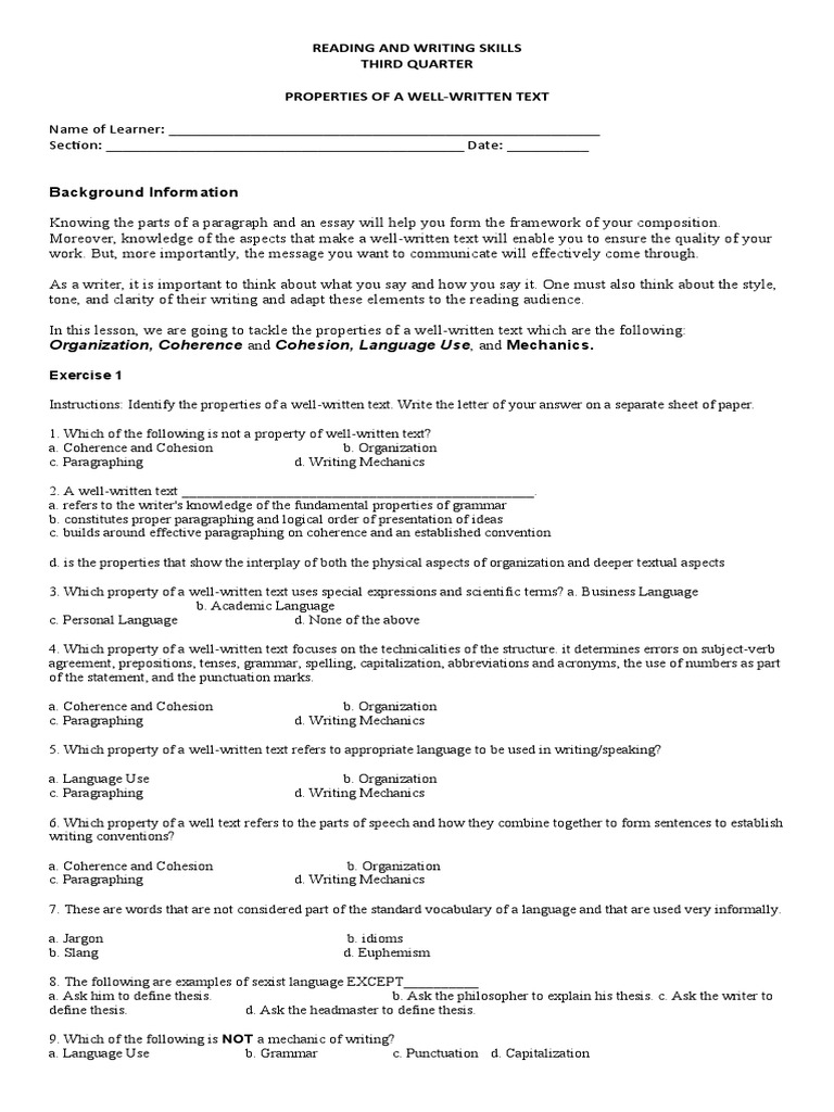 Reading and Writing Skills Third Quarter Properties of A WellWritten