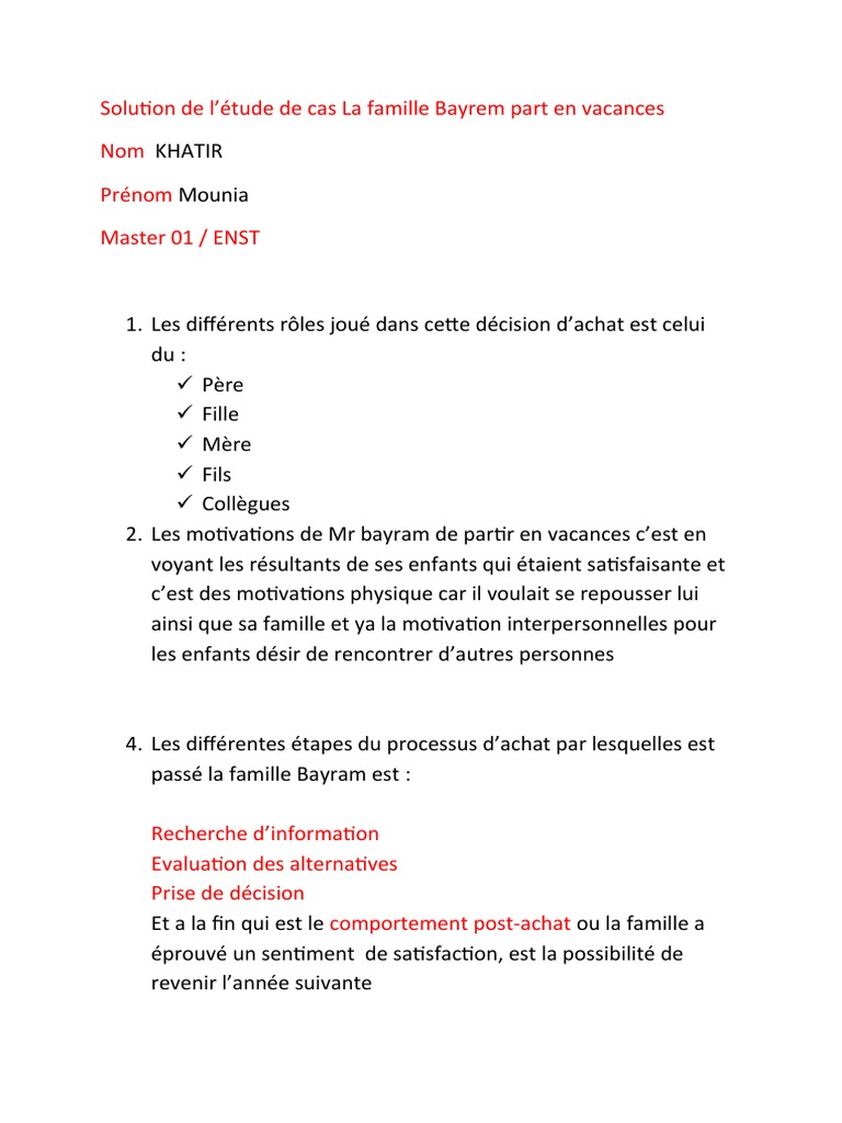 Vacances de la famille Bayrem : Analyse d'achat | PDF | Évolution de ...