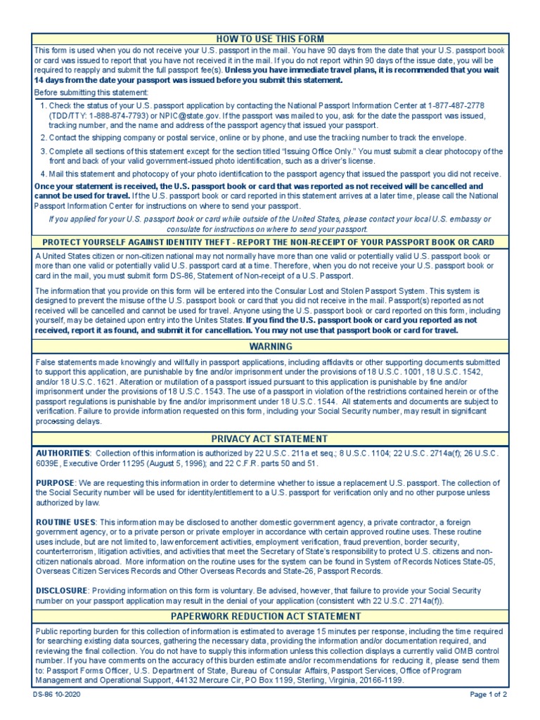 DS-86 Form: Non-Receipt of Passport | PDF | Passport | United States ...