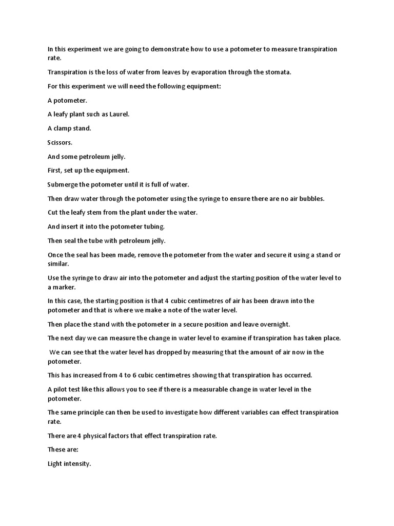 Potometer Experiment | PDF | Humidity | Experiment