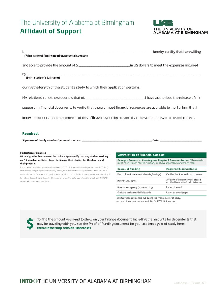 Declaration of Finances Certification of Financial Support for