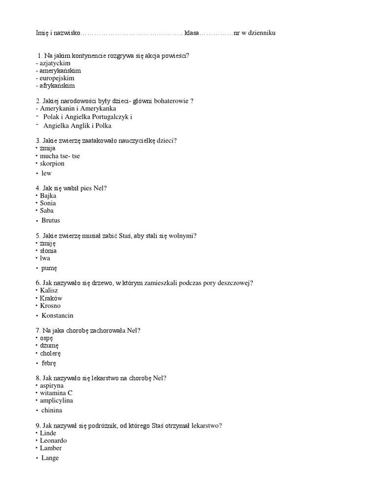 W Pustyni I Puszczy Quiz