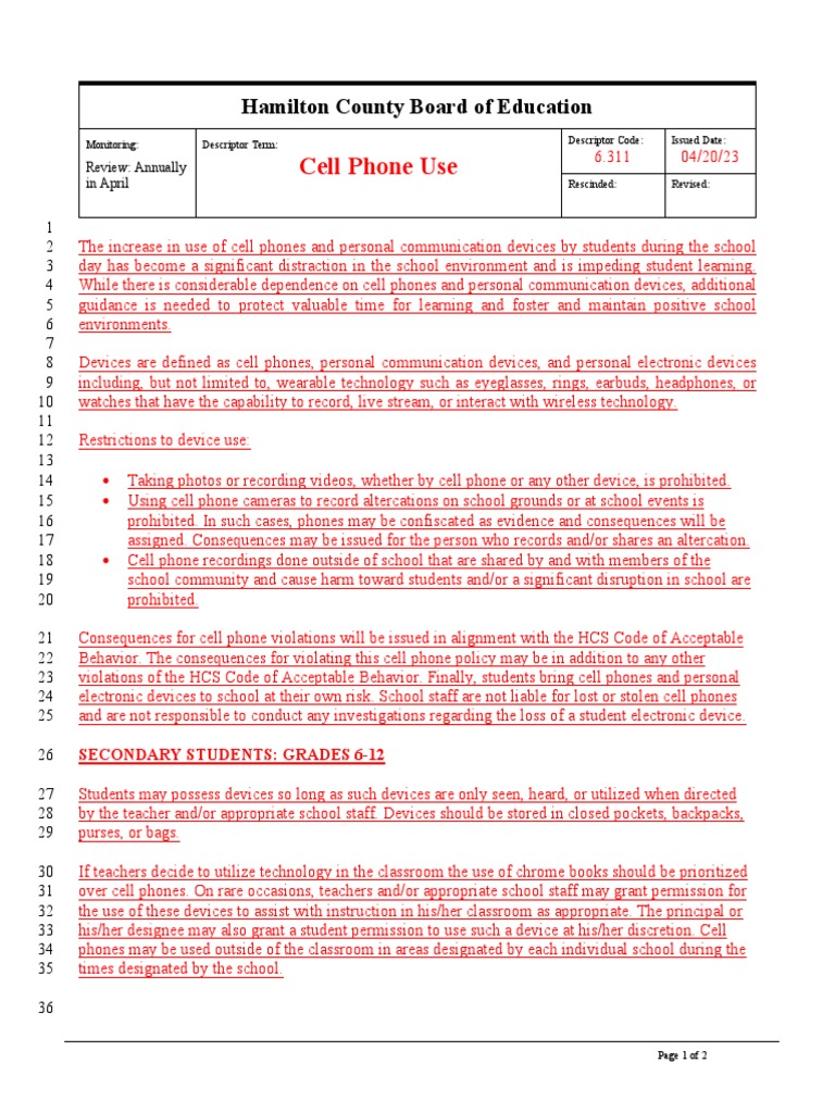 Hamilton County Cell Phone Policy | PDF | Wellness