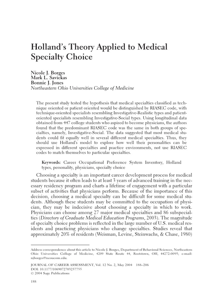 Holland's Theory Applied To Medical Specialty Choice PDF