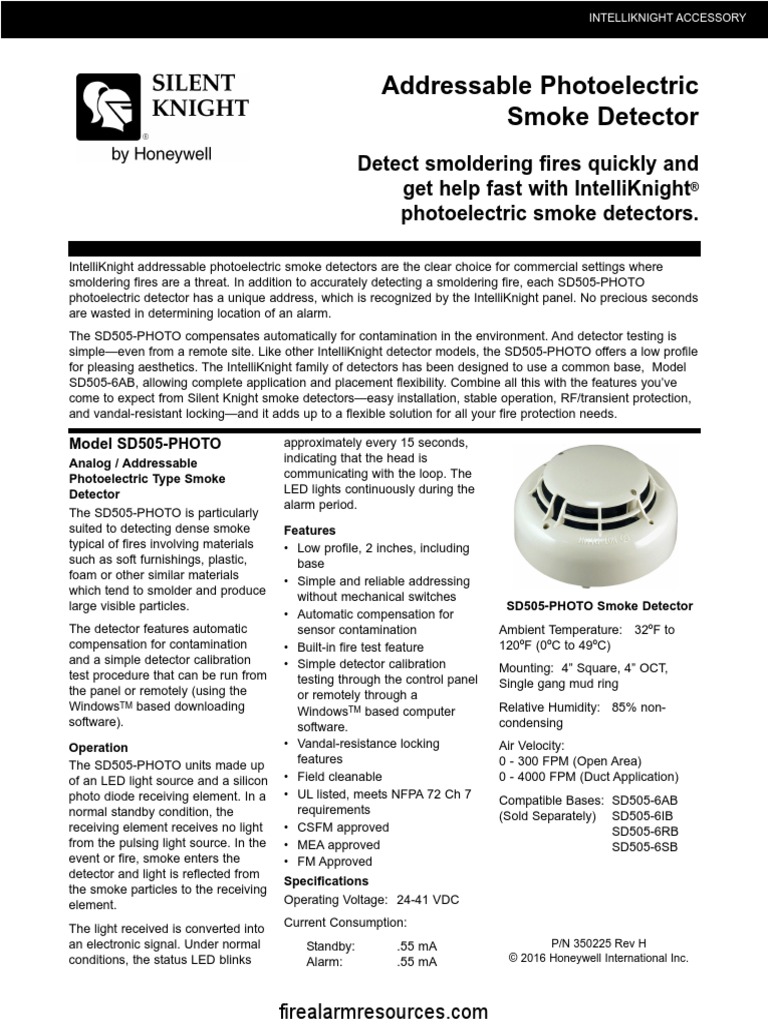 Silent Knight SD505-APS Addressable Photoelectric Smoke Data Sheet