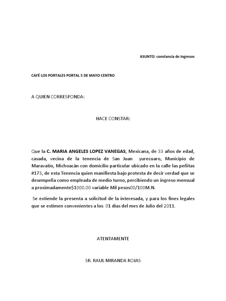 CARTA DE INGRESOS