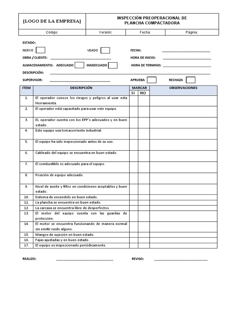 Checklist de Plancha Compactadora | PDF