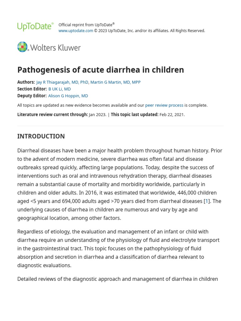 Pathogenesis of Acute Diarrhea in Children UpToDate PDF Diarrhea