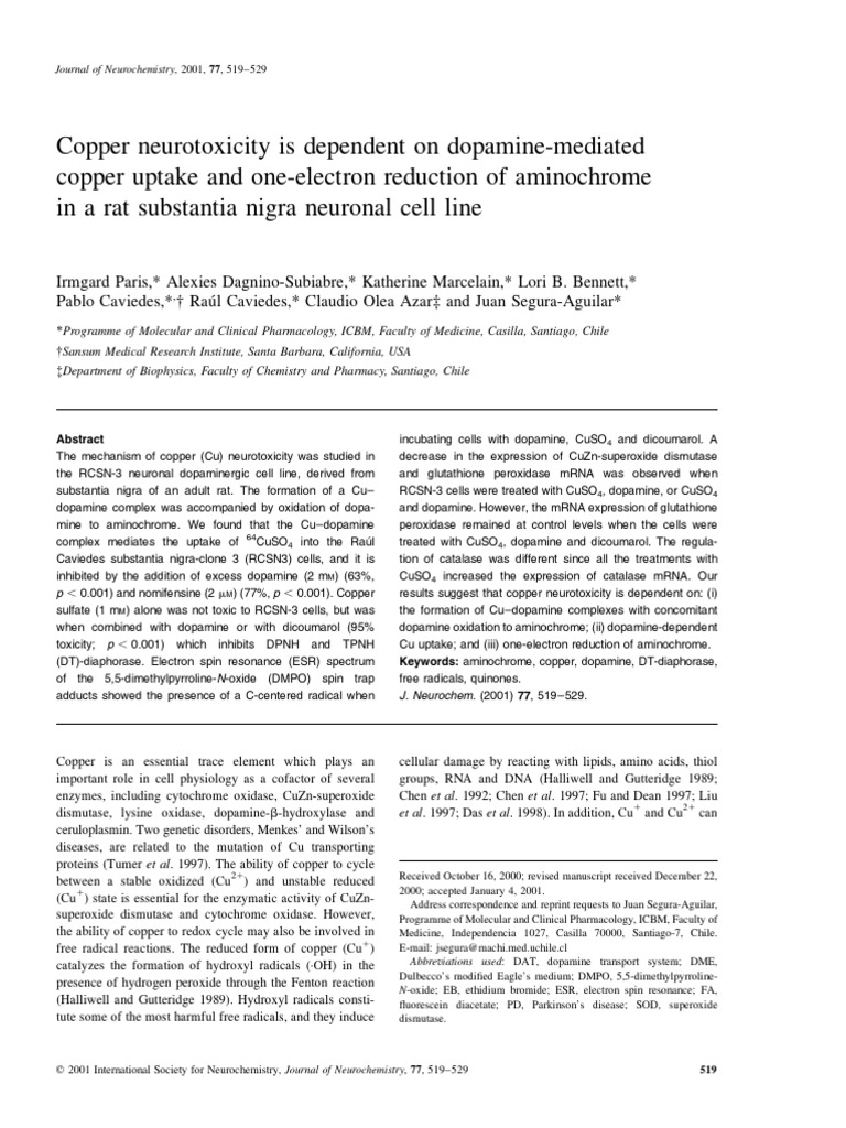 Copper Neurotoxicity Is Dependent On Dopamine Mediated Copper Uptake PDF