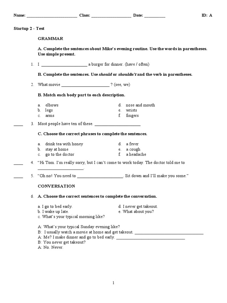 Startup 2 Test: Grammar & Conversation | PDF | Food And Drink | Cooking