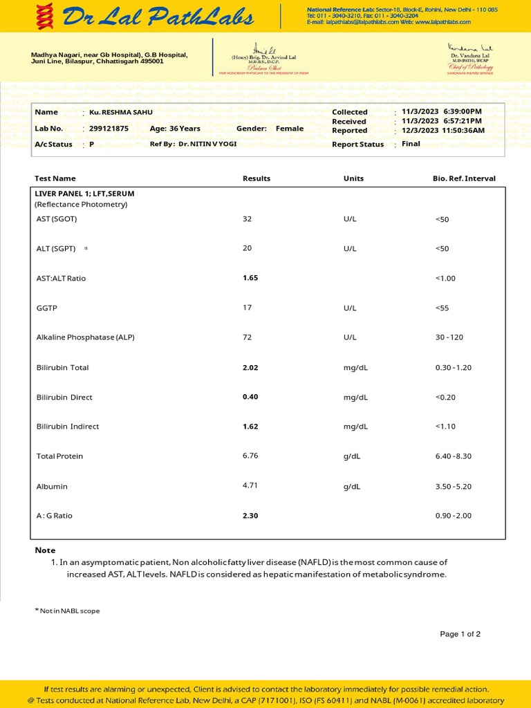 Liver Function Test Report for Reshma Sahu | PDF | Cirrhosis | Hepatitis