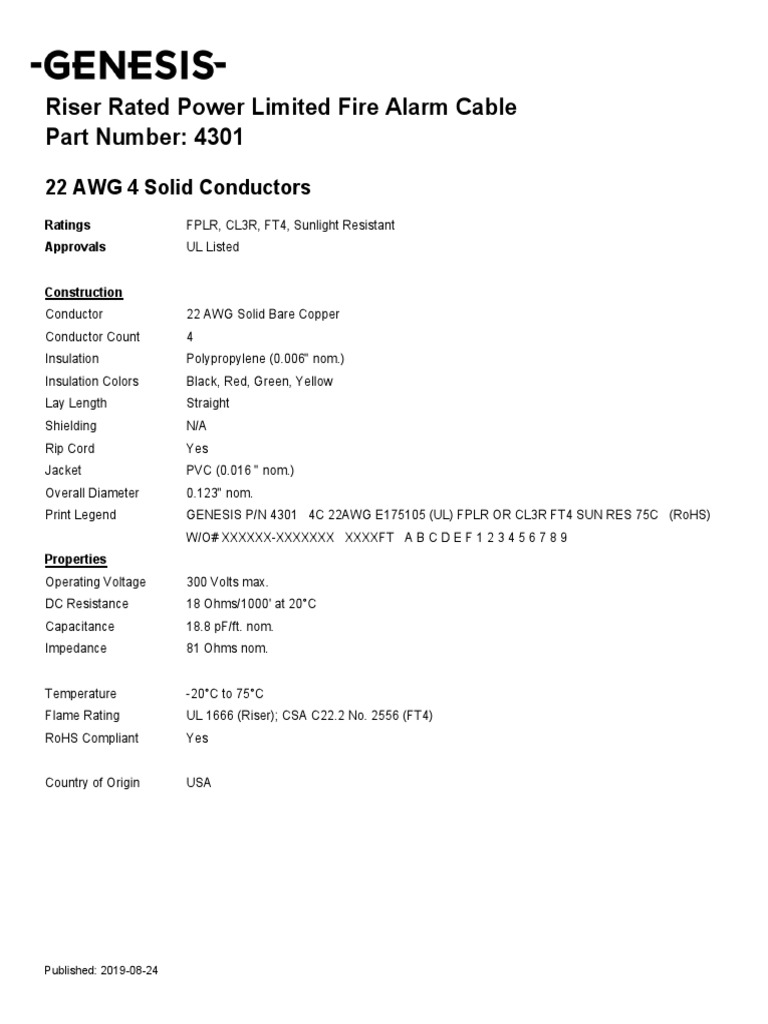 Riser Rated Power Limited Fire Alarm Cable Part Number: 4301 | PDF ...