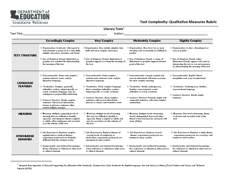 Text Complexity Qualitative Measures Rubric | PDF | Intertextuality ...
