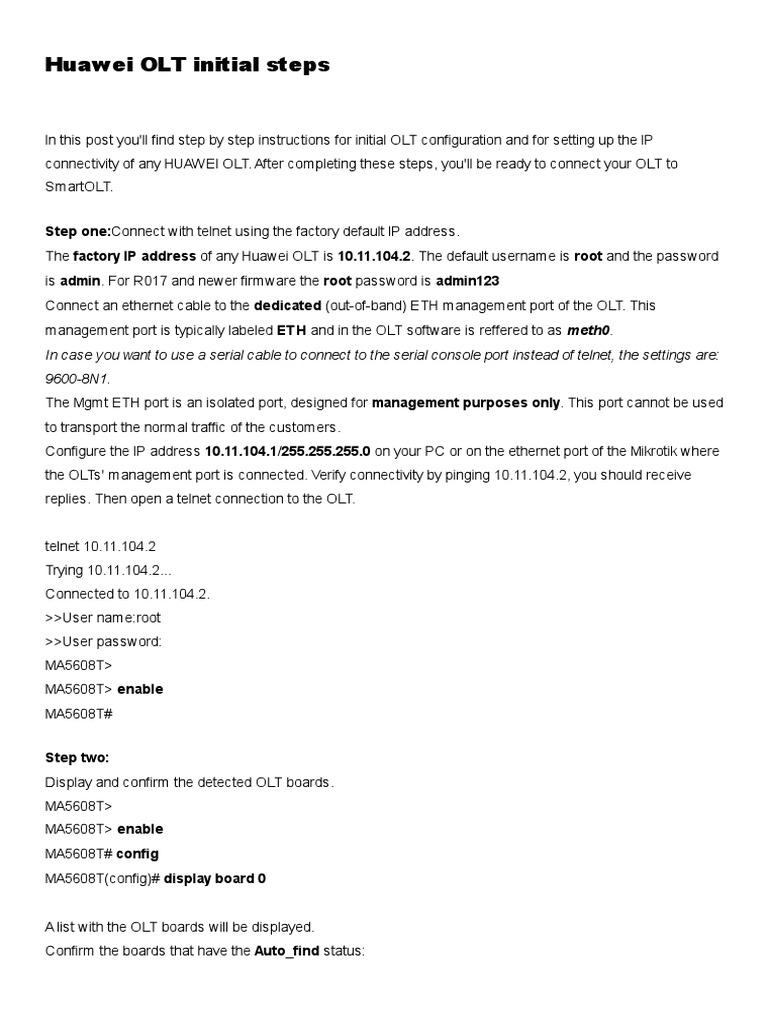 Configuring initial ip settings and connectivity for a huawei olt pdf