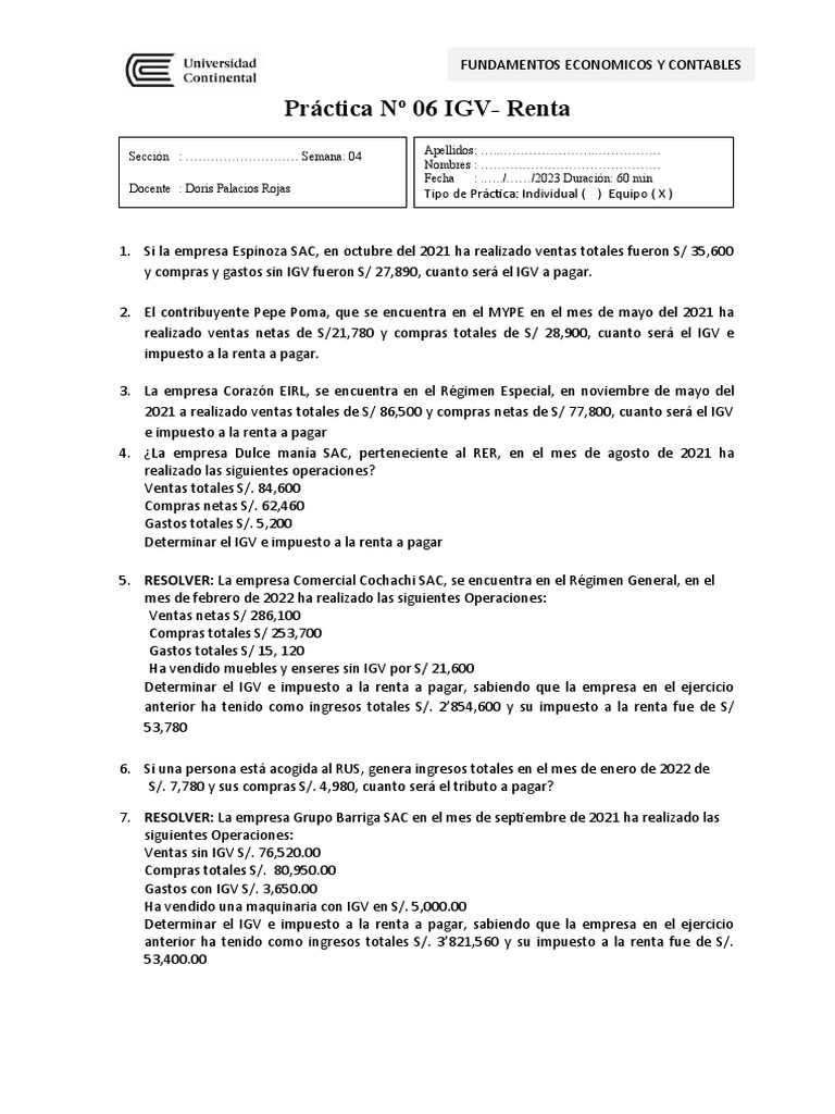 Guía Práctica 06 IGV Renta | PDF | Impuesto sobre la renta | Impuestos