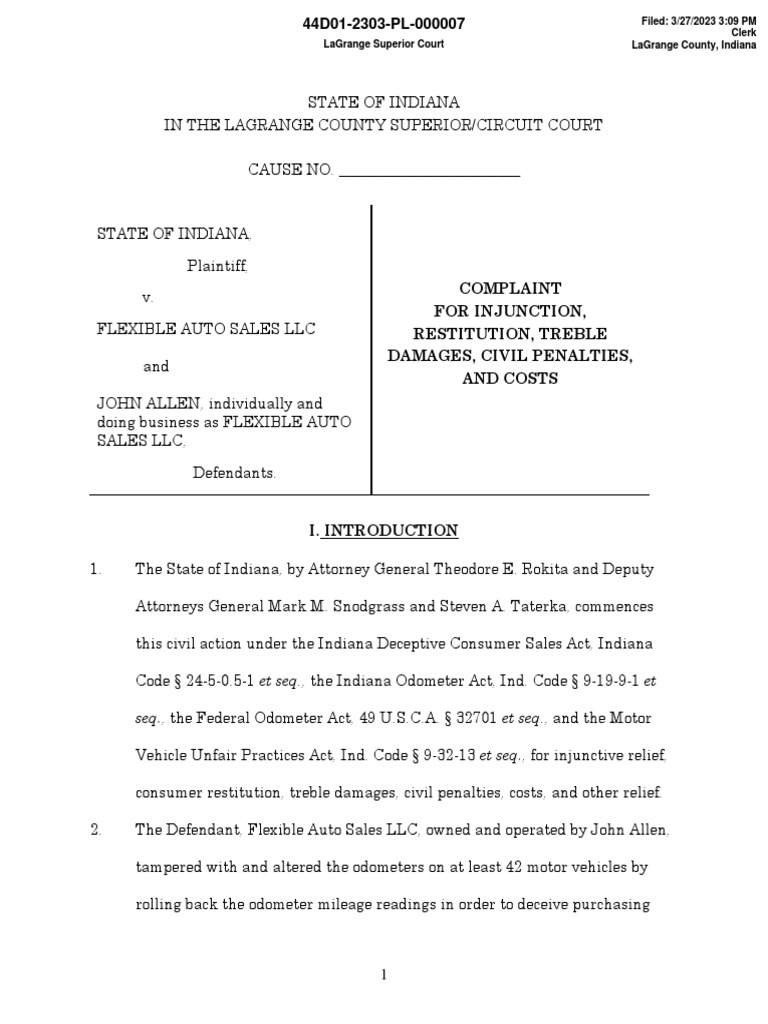 Indiana AG Lawsuit Against LaGrange Co. Car Dealer PDF Chevrolet